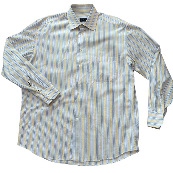 CANALI Made Italy Button Up Shirt Men’s Size 42 16 1/2 Long‎ Sleeve Yellow Blue - Picture 1 of 10